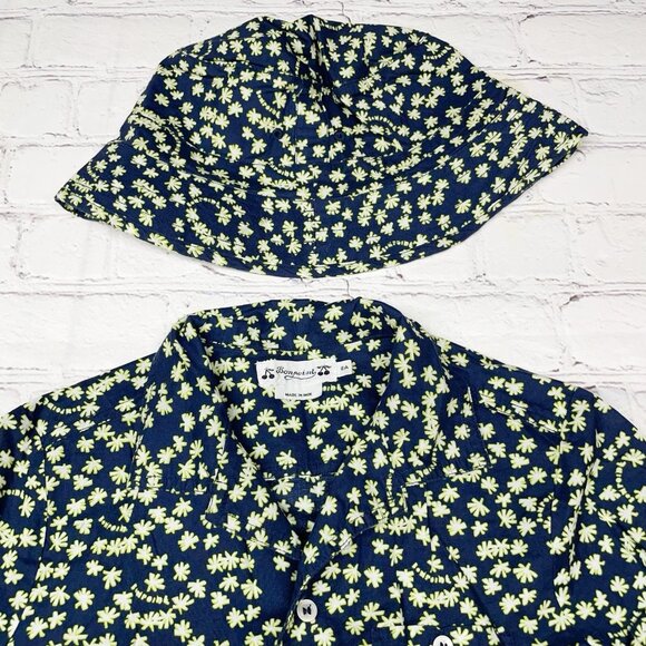 Bonpoint Kids Size 8 Button Up Shirt + Bucket  Hat Set Blue 100% Cotton Tropical - Picture 4 of 9